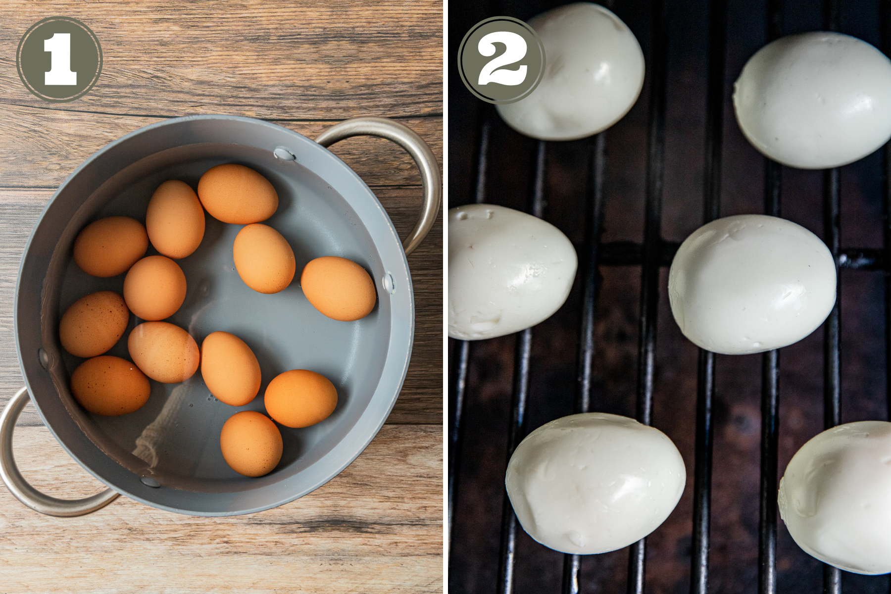 An overview shot to two photos; one boiling eggs and one with peeled eggs on a smoker.